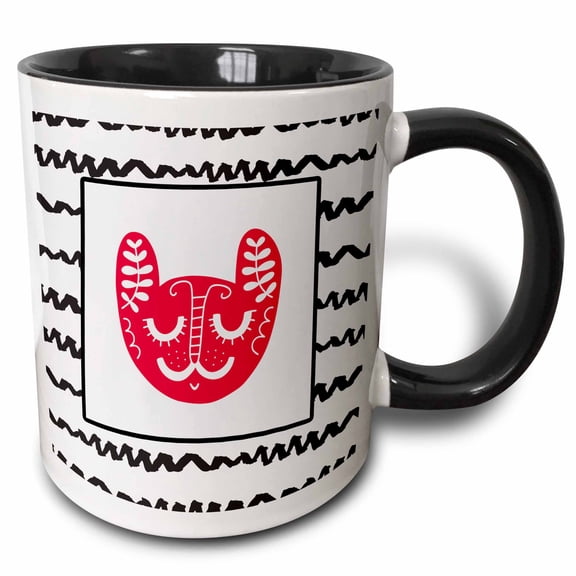 3drose, Cute Scandinavian Floral Abstract Animal Red Cat Illustration, 15oz Two-tone Black Mug