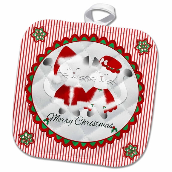 3dRose, Cute Siamese Kitty Cats Red Striped Merry Christmas Mr and Mrs Santa, 8x8 Potholder