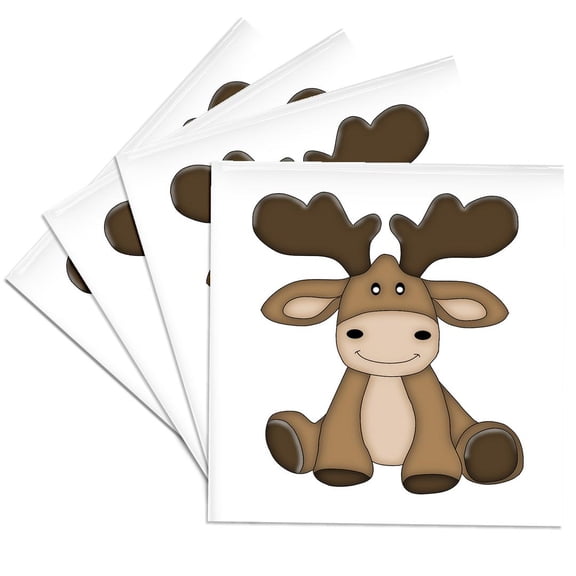 3dRose, Cute Sitting Moose Illustration, Set of 4 Ceramic Tile Coasters