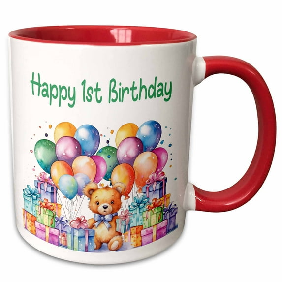 3drose, Cute Teddy Bear Balloons and Gifts Happy 1st Birthday, 15oz Two-tone Red Mug