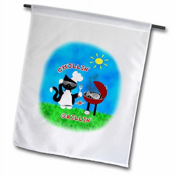 3dRose, Cute Black White Tux Cat Chef Chillin n Grillin Summer Barbeque Grill, 12 x 18 inch Garden Flag