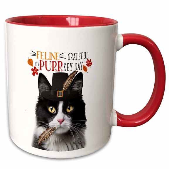 3drose, Cute Tuxedo Black and White Cat with Feline Humor for Turkey Day, 11oz Two-tone Red Mug