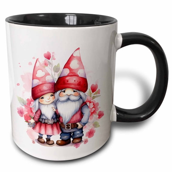 3drose, Cute Valentine Gnome Couple Illustration, 11oz Two-tone Black Mug