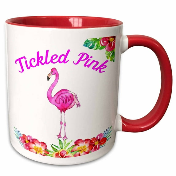 3drose, Cute Watercolor Pink Flamingo Bird Floral with Tickled Pink, 15oz Two-tone Red Mug