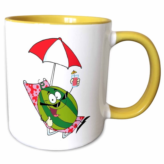 3drose, Cute Watermelon Character Lounging with Juice, 11oz Two-tone Yellow Mug