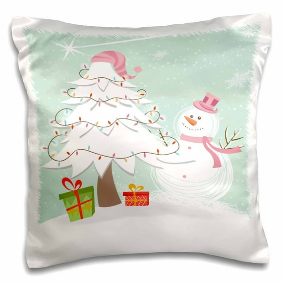 3drose, Cute Whimsical Christmas Tree and Winter Snowman Scene Holiday Xmas Cartoon Design, 16x16 inch Pillow Case