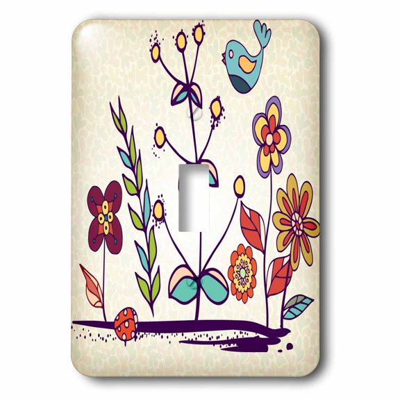 3dRose, Cute Whimsical Colorful Flowers and Blue Bird Modern Nature Design, single toggle switch