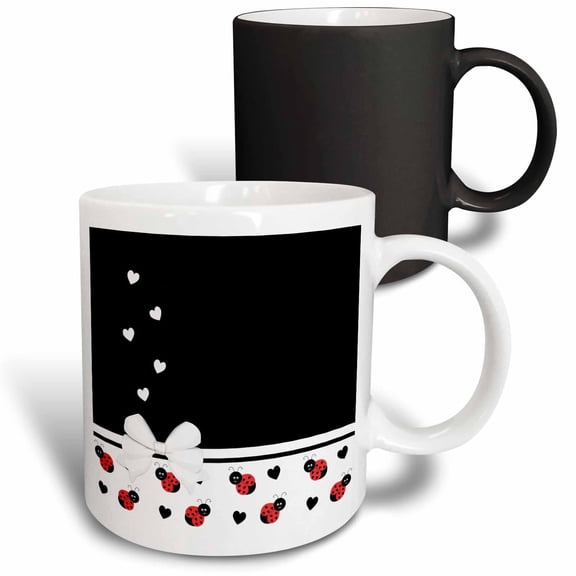 3drose, Cute White Black Ladybugs Floating Hearts White Ribbon, 11oz Magic Transforming Mug