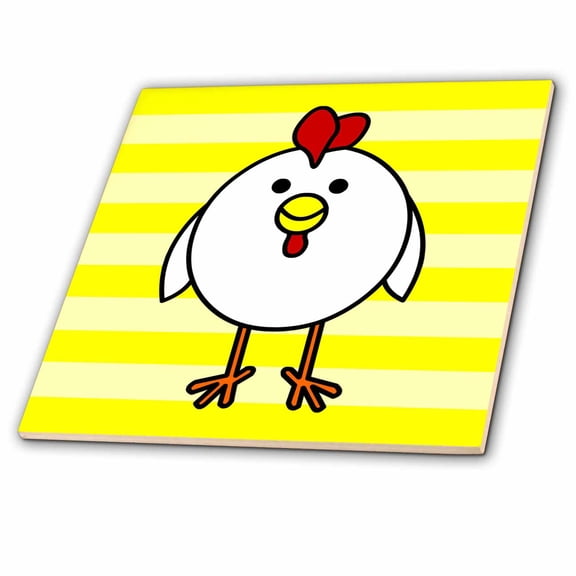 3dRose, Cute White Chicken with Yellow Background, 4 Inch Ceramic Tile