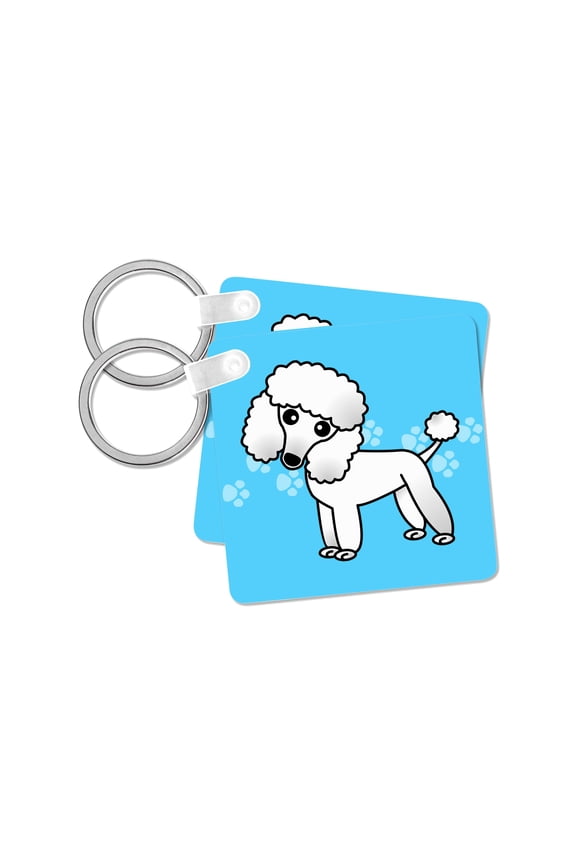 , Cute White Poodle Blue Paw Print Background, set of 2 Key Chains