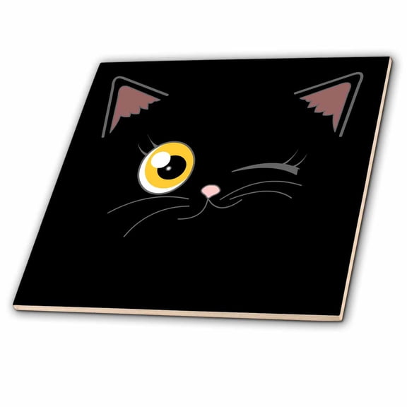 3dRose, Cute Winking Cat Black with Orange Eyes, 4 Inch Ceramic Tile