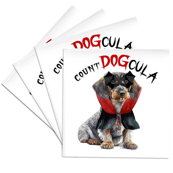 3dRose, Cute Wirehaired Dachshund dog in a Halloween vampire costume., Set of 4 Ceramic Tile Coasters