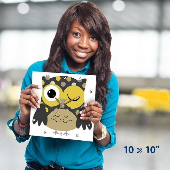 3dRose, Cute Yellow Polka Dot Owl, 10x10 Wall Clock
