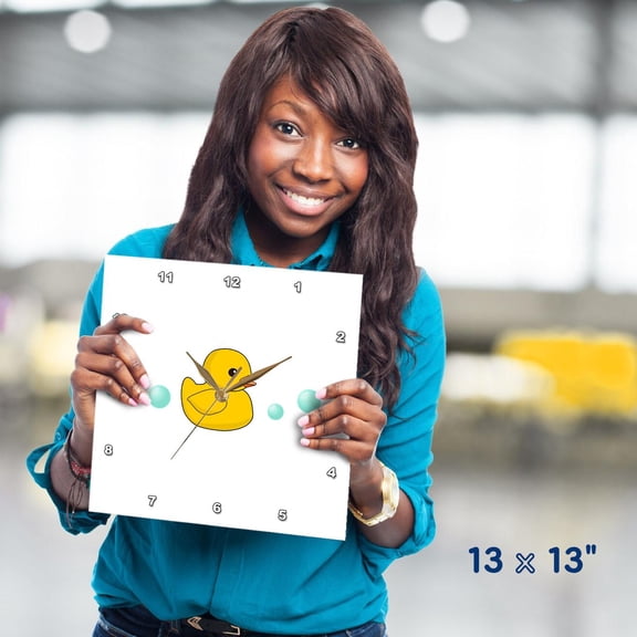 3dRose, Cute Yellow Rubber Ducky cartoon with soap bubbles - kawaii duckie on white - adorable sweet duck, 13x13 Wall Clock