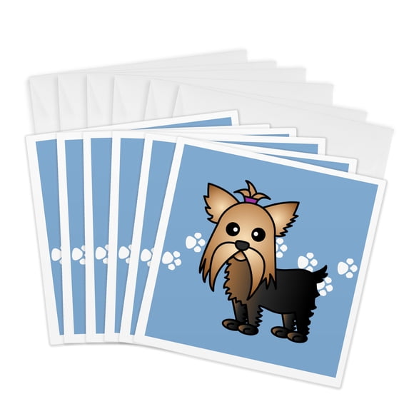 3dRose, Cute Yorkshire Terrier Yorkie Blue with Paw Prints, 6 Greeting Cards with envelopes