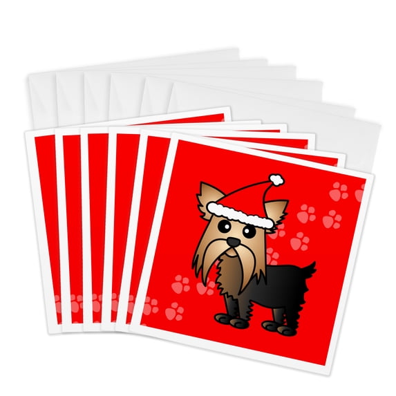 3drose, Cute Yorkshire Terrier Yorkie Red with Santa Hat, 6 Greeting Cards with Envelopes