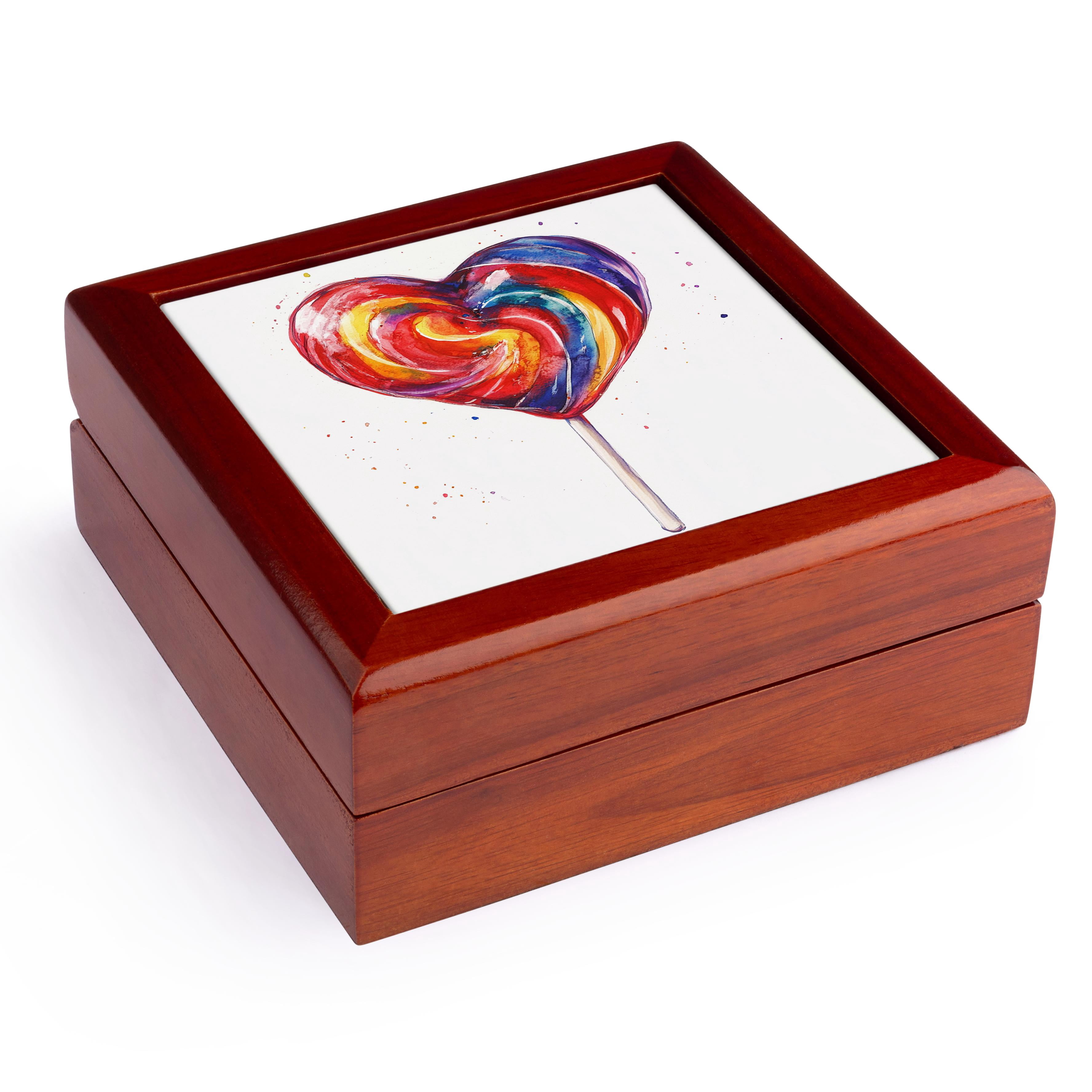 3dRose, Cute and Colorful Valentine Days Heart Sucker Illustration, Jewelry Box 5.5x5.5 inch with 4 inch tile