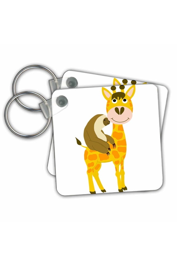 , Cute fun original sloth riding a giraffe cartoon , set of 2 Key Chains