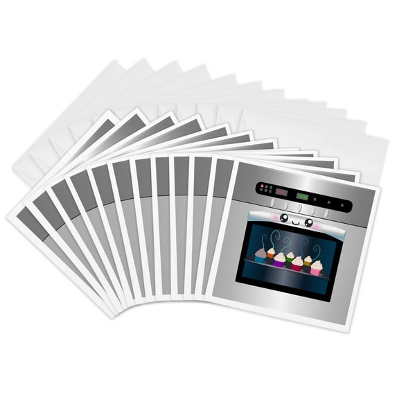 3dRose, Cute kawaii happy smiling oven filled with baking cupcakes - for chefs foodies and cooking fans, 12 Greeting Cards with envelopes
