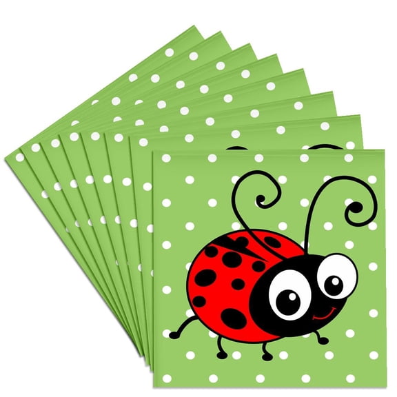 3dRose, Cute ladybug green polka dot design - kawaii happy red and black spots ladybird cartoon lady bug, Set of 8 Ceramic Tile Coasters