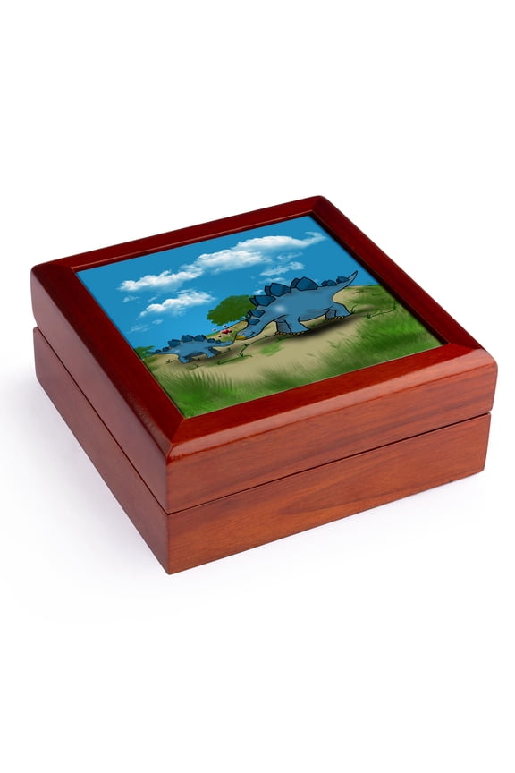 , Cute mother and baby stegosaurus showing some love in dinosaur land. , Jewelry Box 5.5x5.5 inch with 4 inch tile
