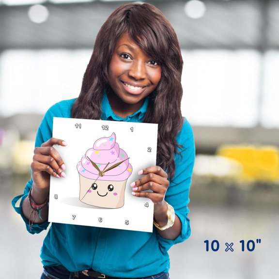 3dRose, Cute pink happy Cupcake with stars and silver pearls - Kawaii smiling smiling desserts and cupcakes, 10x10 Wall Clock