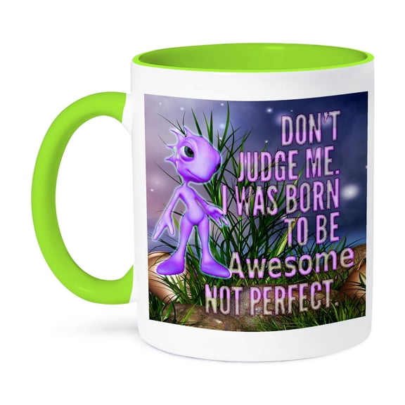 3dRose, Cute purple glowing alien who just wants to go home with you, 11oz Two-Tone Green Mug