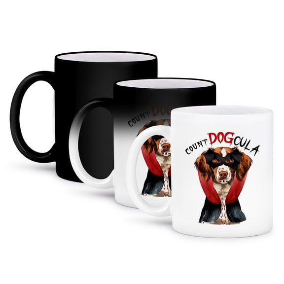 3dRose, Cuter than cute Brittany Spaniel dog is Count DOGcula for Halloween., 11oz Magic Transforming Mug