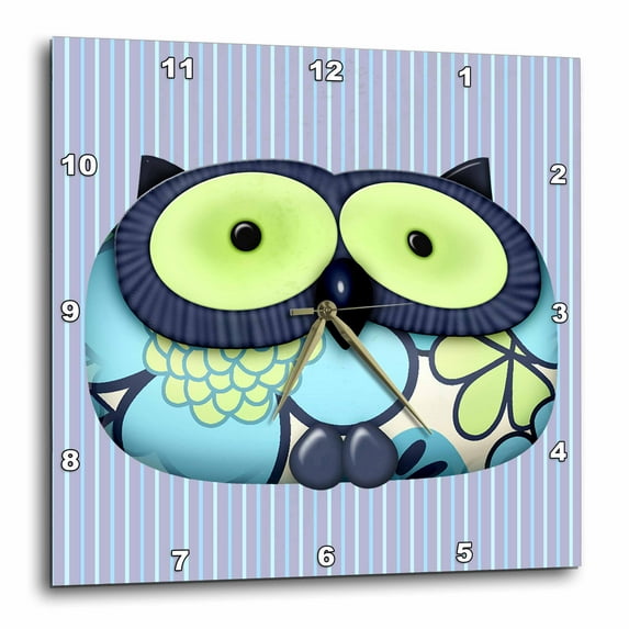 3dRose, Dainty Blue Flower Pattern Owl On Blue Pinstripes Background Animal Design, 10x10 Wall Clock