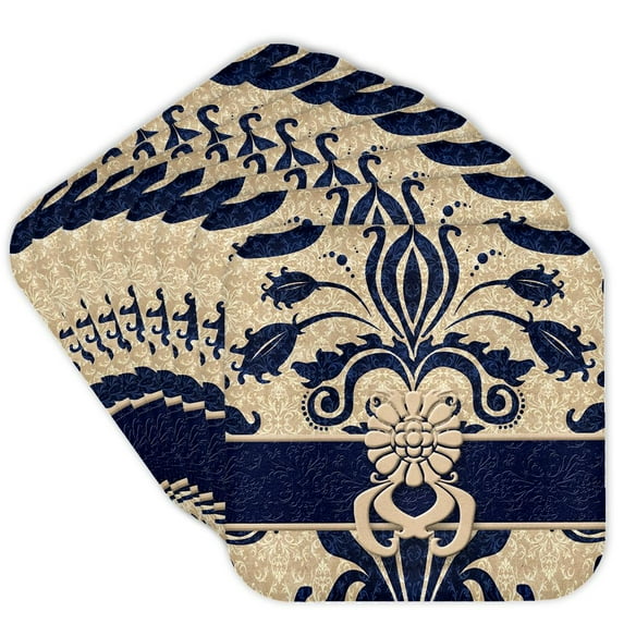 3dRose, Damask Navy Blue and Taupe, set of 8 Coasters - Soft