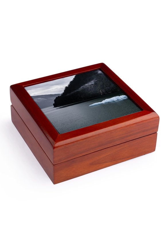 , Dark clouds over fjord with glacierr ice nearby, Jewelry Box 5.5x5.5 inch with 4 inch tile