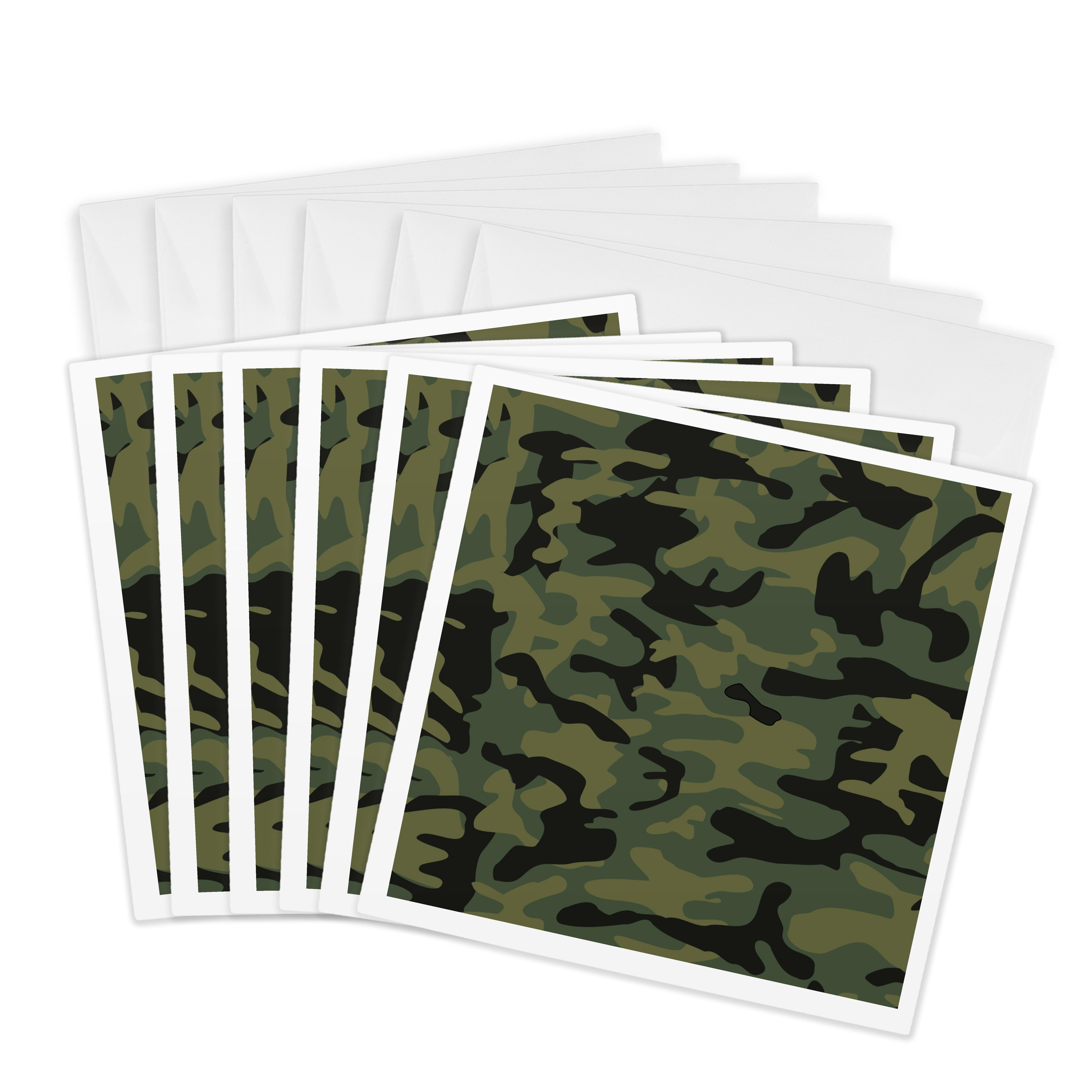3dRose, Dark green camo print - hunting hunter or army soldier uniform style camouflage woodland pattern, 6 Greeting Cards with envelopes
