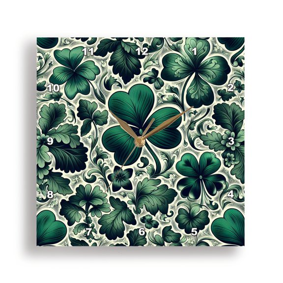 3dRose, Dark green on white shamrock pattern, family friendly artsy gift, 15x15 Wall Clock