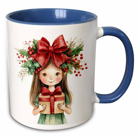 3drose, Darling Christmas Girl Holding a Gift, 15oz Two-tone Blue Mug