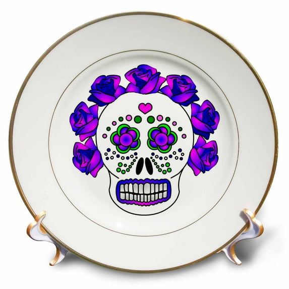 3dRose, Day of the Dead Skull Día de los Muertos Purple, 8 inch Porcelain Plate