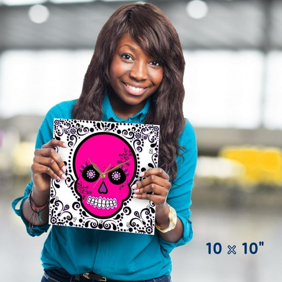 3dRose, Day of the Dead Skull Día de los Muertos Sugar Skull Pink White Black Scroll Design, 10x10 Wall Clock