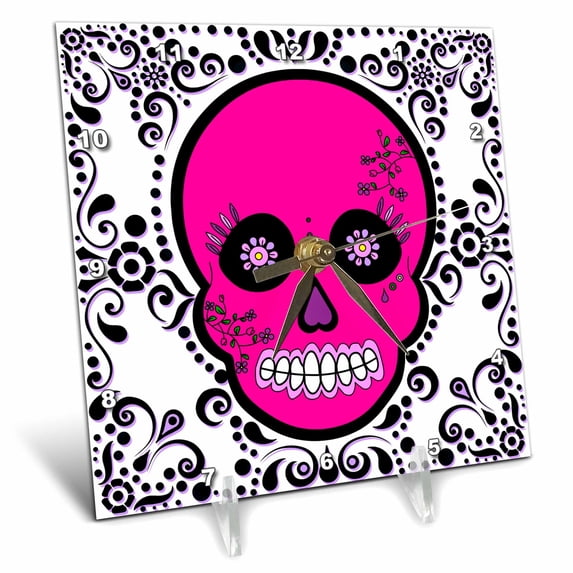3dRose, Day of the Dead Skull Día de los Muertos Sugar Skull Pink White Black Scroll Design, 6x6 Desk Clock