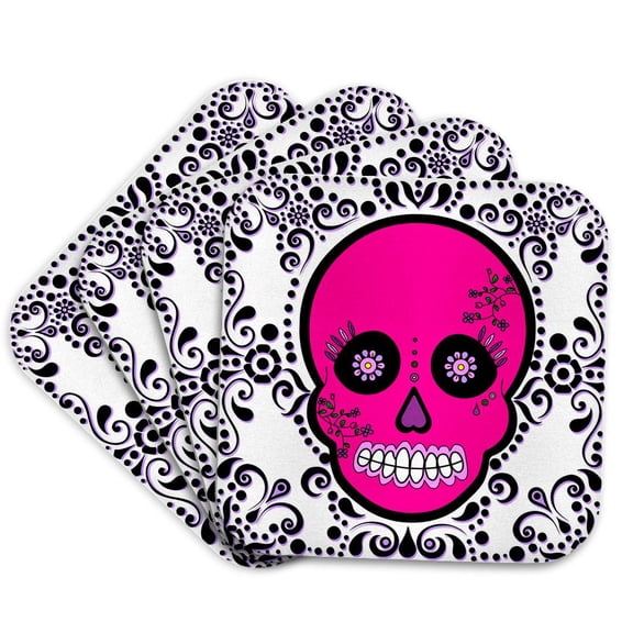 3dRose, Day of the Dead Skull Da de los Muertos Sugar Skull Pink White Black Scroll Design, set of 4 Coasters - Soft