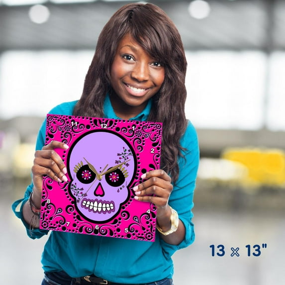 3dRose, Day of the Dead Skull Día de los Muertos Sugar Skull Purple Pink Black Scroll Design, 13x13 Wall Clock