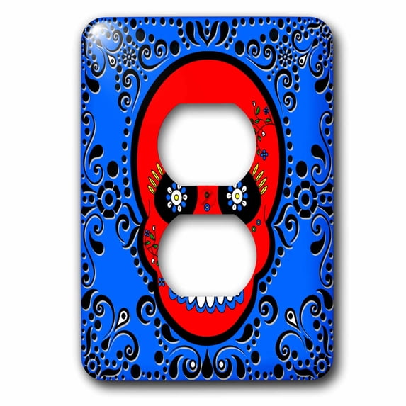 3dRose, Day of the Dead Skull Día de los Muertos Sugar Skull Red Blue Black Scroll Design, 2 plug outlet cover