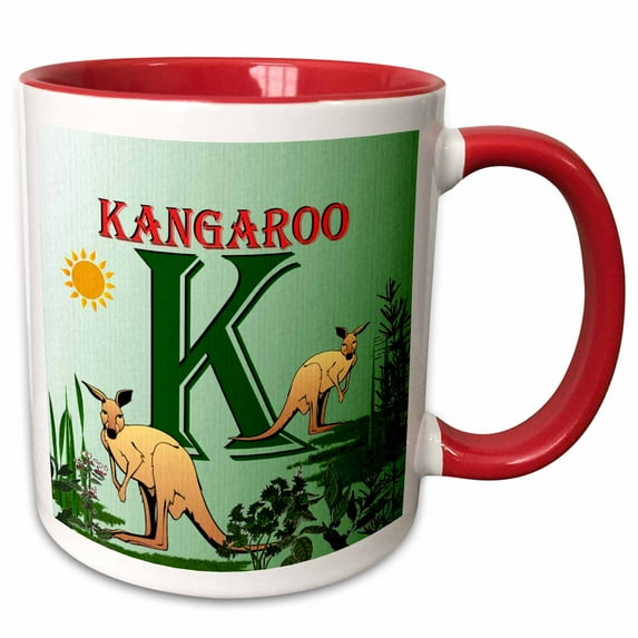 3drose, Decorative Animal Alphabet Art for Children - K Is for Kangaroos That Go Hopping By, 15oz Two-tone Red Mug