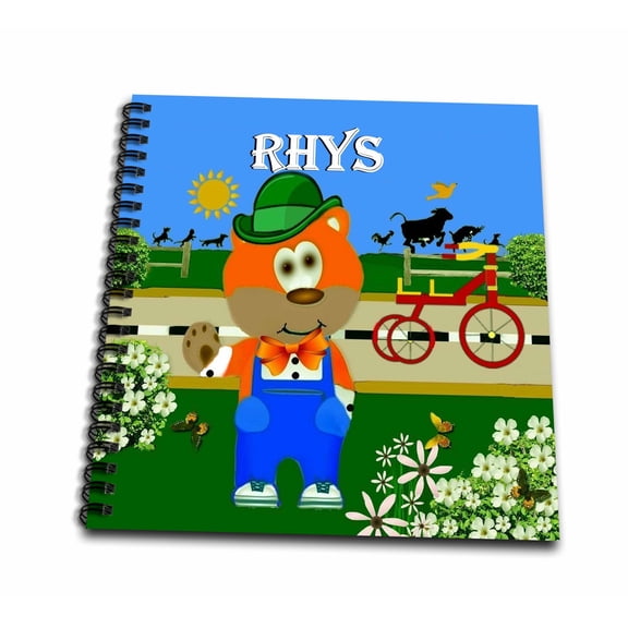 3dRose, Decorative Bear Wearing Overalls with the name Rhys, Mini Notepad 4 x 4 inch