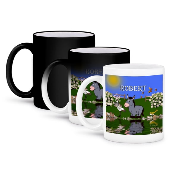 3dRose, Decorative donkey and bird art design for children - personalized with the name Robert, 11oz Magic Transforming Mug