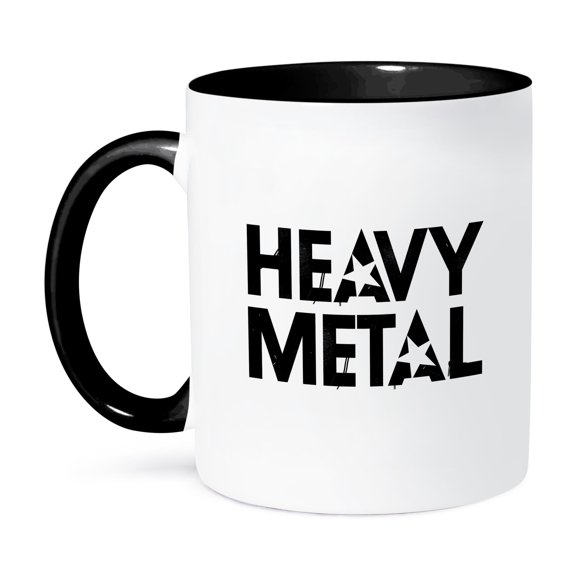 3dRose, Decorative text Heavy Metal. Impressive typography design on white, 11oz Two-Tone Black Mug