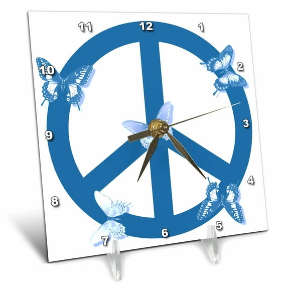 3dRose, Deep Aqua Blue Butterflies Peace Sign- Inspirational Art, 6x6 Desk Clock