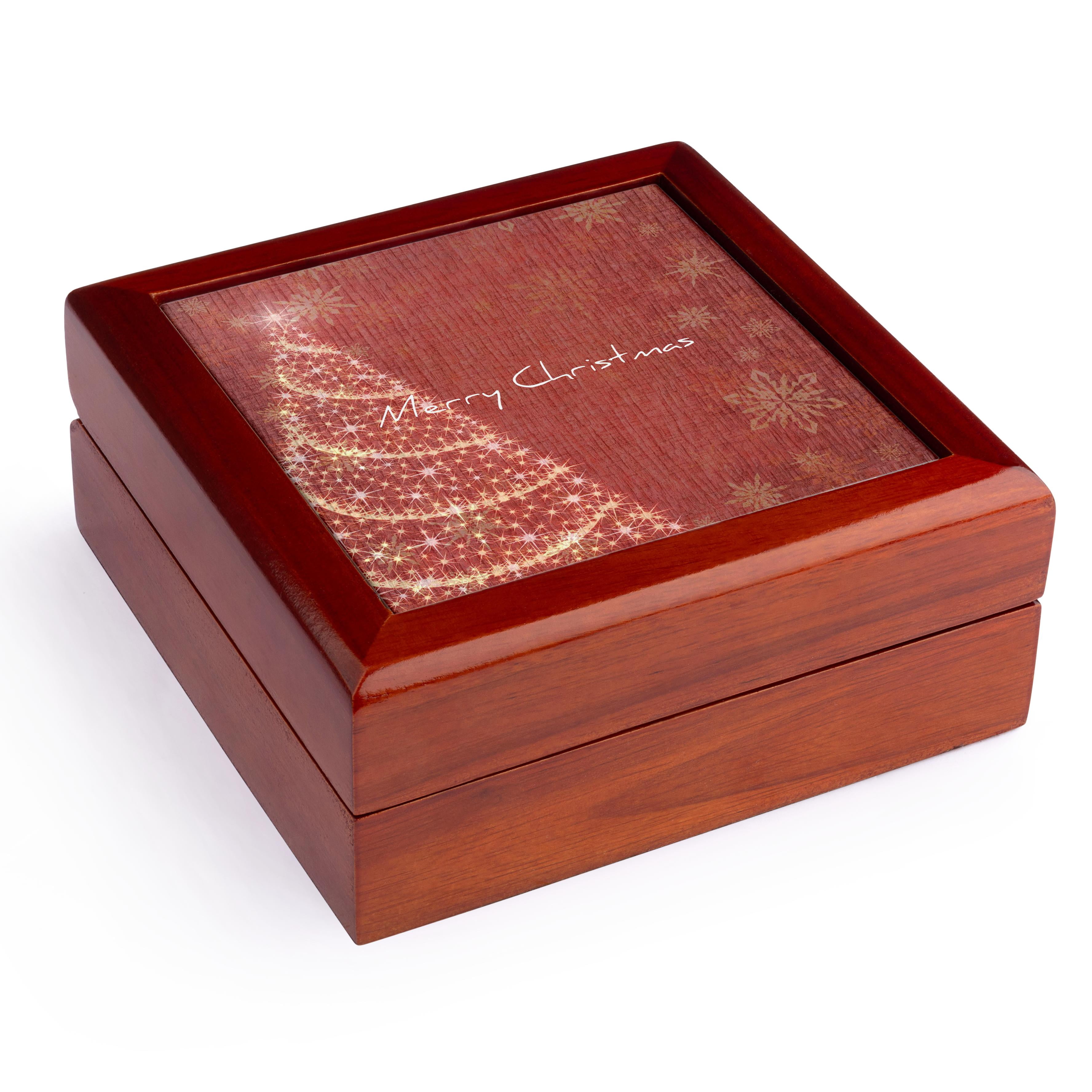 3dRose, Deep Red Christmas Tree and Snowflakes, Jewelry Box 5.5x5.5 inch with 4 inch tile