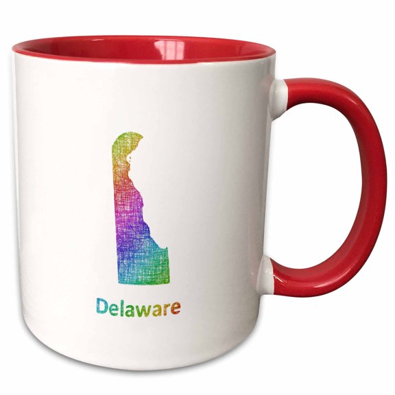 3drose, Delaware State Map - Rainbow Sketch Design, 11oz Two-tone Red Mug