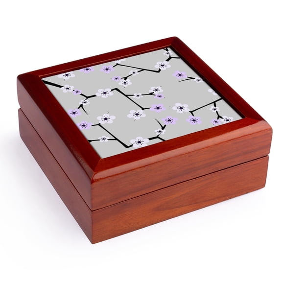 3dRose, Delicate Cherry Blossoms Print - Purple on Grey, Jewelry Box 5.5x5.5 inch with 4 inch tile