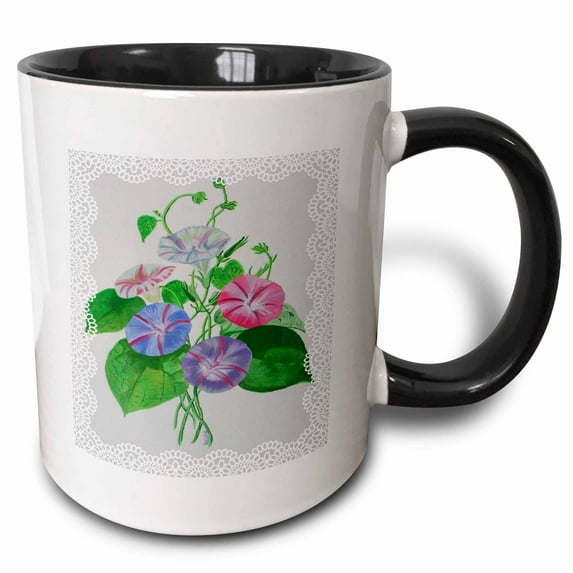 3drose, Delicate Morning Glory Flowers in Pink and Purple Framed in Lace, 11oz Two-tone Black Mug