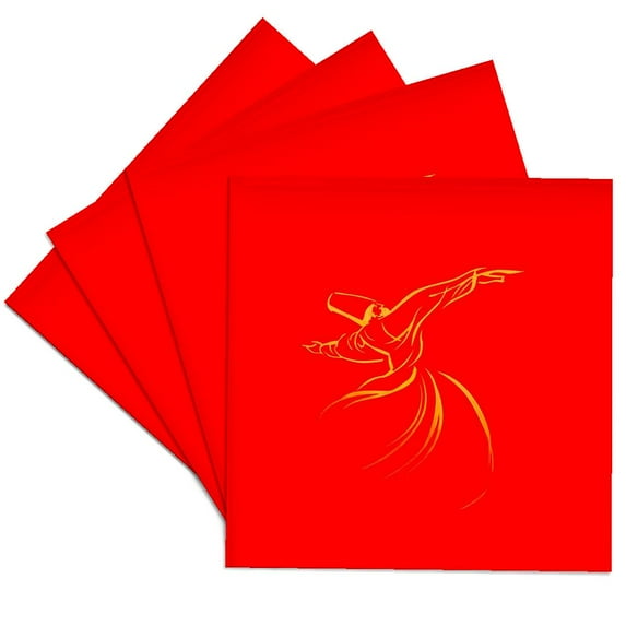 3drose, Dervish Line Drawing Calligraphy Style Yellow and Red, Set of 4 Ceramic Tile Coasters